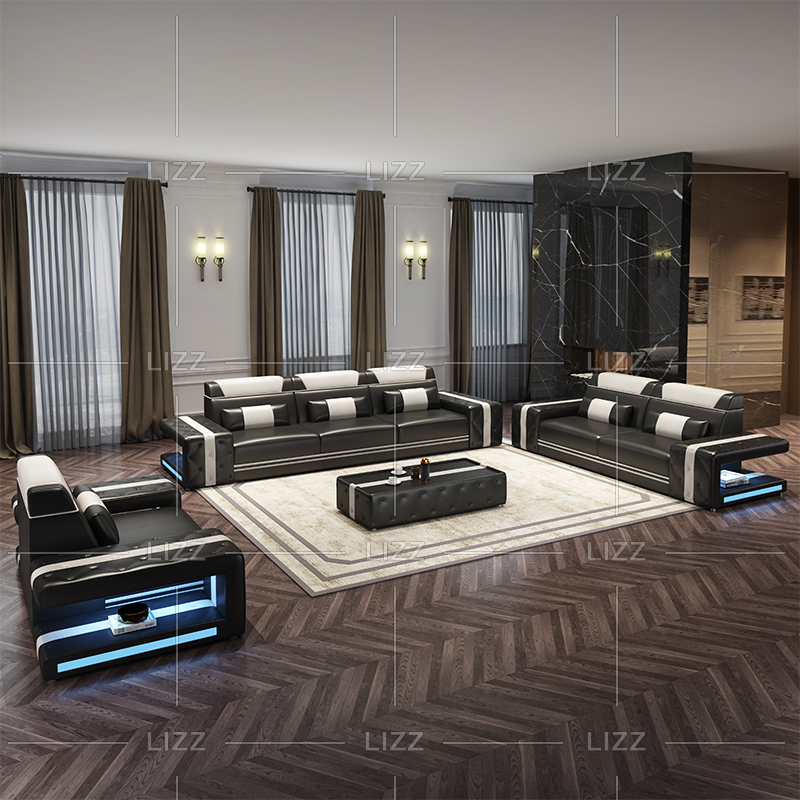 Elegante divano componibile a led in tela con tavolo